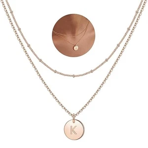 Initial K Necklace Rose Gold 2 x Layered Necklaces Engraved Nickle Lead FREE - Picture 1 of 9