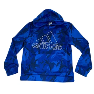 Adidas Youth Boys Hooded Sweatshirt Blue Camo Size Large 14/16 Fleece Lined - Picture 1 of 13