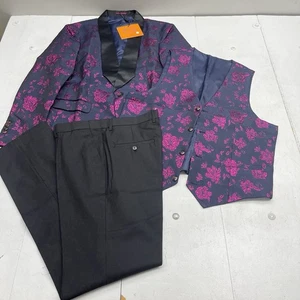 Rogers & Morris Navy Blue And Pink Floral 3 Piece Tuxedo Suit Mens Size Large - Picture 1 of 11