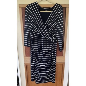 Lauren Ralph Lauren V Neck Surplice Striped Jersey Dress Stretch Sz 14 - Picture 1 of 13