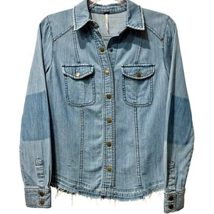 Free People Western Chambray Embroidered Denim Boho Snap Button Shirt XS - Picture 1 of 5