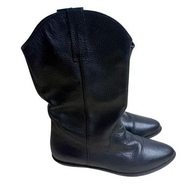 VINTAGE NINE WEST Women's Size 7 Pebbled Leather Flat Cowboy Boot Black Pull On  - Image 1 of 4
