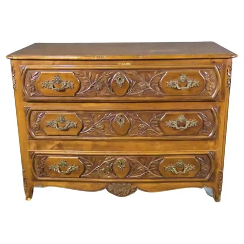 Carved Walnut Floral French Louis XV Style Commode Dresser Cover