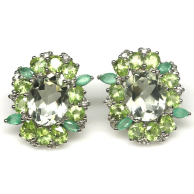 Gemstone Green Amethyst, Peridot & Emerald Earrings 925 Silver White Gold  - Image 1 of 4