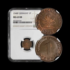 GERMANY. 1948, 1 Pfennig, F - NGC MS63 - Top Pop 🥇 Stuttgart - Picture 1 of 5