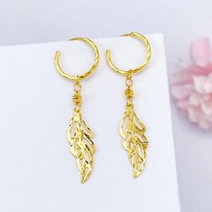 Pure 999 24k Yellow Gold Hoop Women Lucky Hollow Leaf Dangle Earrings 2.8g