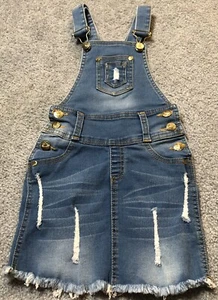 Girl’s Distressed Denim Jumper Skirt Sz 6 Blue Cotton Stretch Buttons Pockets - Picture 1 of 7