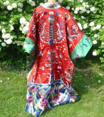 Antique Chinese Silk Robe Embroidered Waves Precious Symbols Taoist VGUC - Image 1 of 4