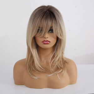 Brown to Blonde Layered With Bangs Straight Hair Synthetic Fiber Wigs Wedding BB