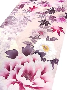 u075-a_Tela Kimono Japonesa Sin Usar_Seda, Beige Rosa Pálido, Arce, Peonía, Yuzen, 98 cm - Imagen 1 de 12