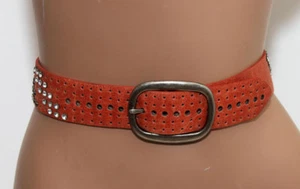 Women's Perforated Yellow Ochre Color Belt w/ Metal Studs Rhinestones 37" Long - Picture 1 of 7