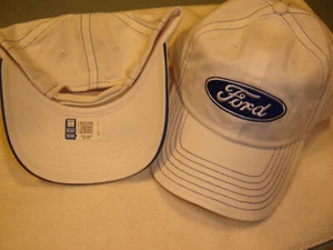 FORD LOGO EMBROIDERED WHITE W/BLUE PIPING ADJ. HAT OFFICIALLY LICENSED CFS NEW - Picture 1 of 1