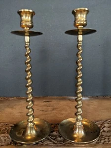 Pair Vintage Brass Barley Twist Candle Sticks Holders 10.5"Tall cottage core - Picture 1 of 8