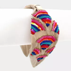 NEW Multi-Color Striped Sequin Embroidery Triangles Light Beige Knotted Headband - Picture 1 of 1