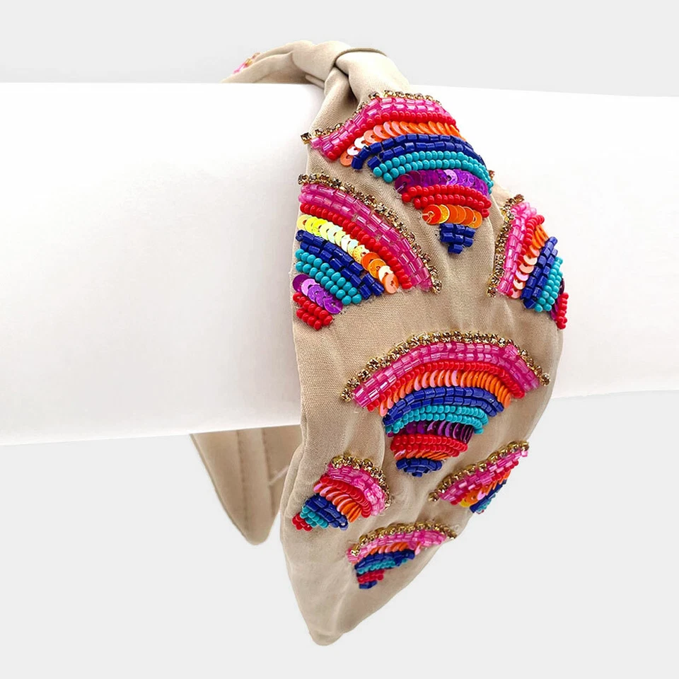 NEW Multi-Color Striped Sequin Embroidery Triangles Light Beige Knotted Headband - Image 1 of 1
