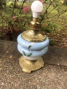 Antique Floral Painted Milk Glass Hurricane Lamp CLIMAX 1890 Footed Brass - Picture 1 of 11