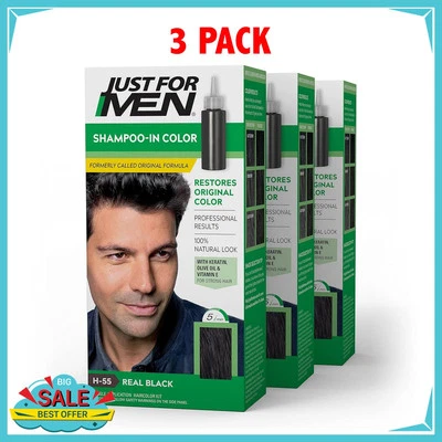 Just for Men H-55 REAL BLACK Hair color Shampoo In ( 3 pack ) green - Image 1 of 4