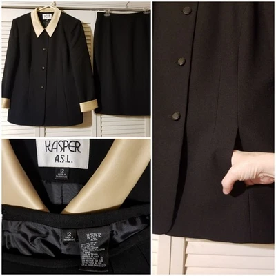 Kasper 2-Piece Size 12 Jacket Skirt Suit Gold Black Lined Polyester Acetate - Image 1 of 4