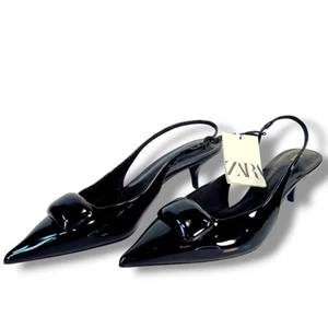 Zara Sling Back Heels Shoes Woman Size 9 Black Bow Pointed Toe 2222/510/800 New - Picture 1 of 15