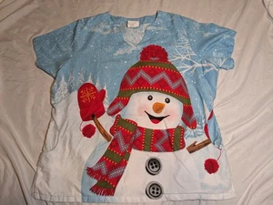 UA Scrubs Winter Snowman Blue Women's Scrub Top Size X-Large - Picture 1 of 6
