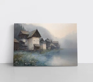 Impresión de pintura Serene Lakeside Village sobre lienzo enmarcado arte de pared brumoso brumoso - Imagen 1 de 14