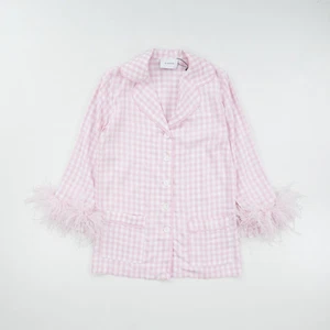 SLEEPER Womens Pink Check Leather Pyjama Set XS Button Long Sleeve RRP 330 - Picture 1 of 6
