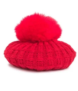 KYI KYI Wool Blend Red Beret Hat Cable Knit Faux Fur Pom One Size Canada - Picture 1 of 3