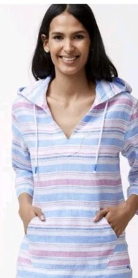 Pulôver com capuz Tommy Bahama Tulum linho listrado rosa azul mangas médias 3/4 - Imagem 1 de 4