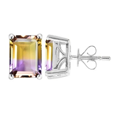 7.50Ct Emerald Cut Natural Ametrine 14k White Gold Plated Stud Earrings 925 - Image 1 of 4