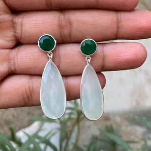 925 Sterling Silver White Chalcedony Green Onyx Handmade Fine Dangle Earring - Picture 1 of 6