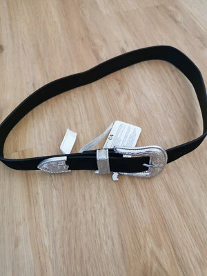 schwarzer Gürtel mit silberfarbener Schnalle von C&A, Gesamtlänge 95 cm - Bild 1 von 3