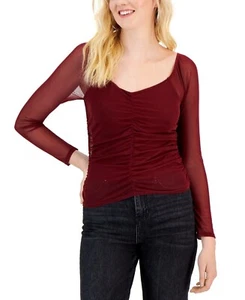 Crave Fame Juniors Womens Ruched Front Mesh Sleeve Top Red NEW Size XL - Picture 1 of 1