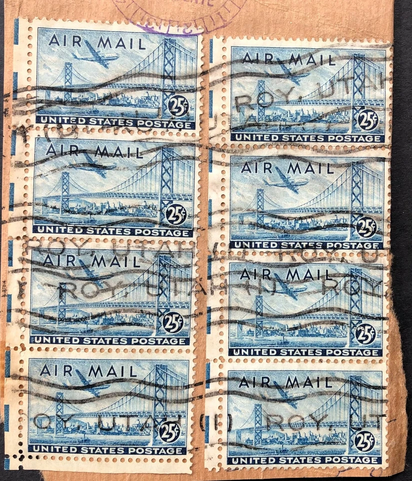 #C36. (2) Strips of (4) on paper. 25 cent Oakland Bridge. USED / on paper. - Image 1 of 1