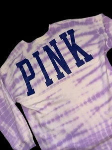 New Victoria Secret PINK Sweatshirt Tie Dye Purple White Sz LG Crewneck Spellout - Picture 1 of 7
