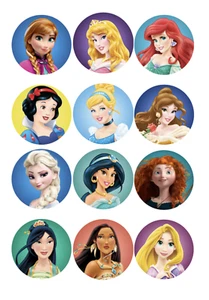 set of 12 Princesses edible paper, cupcake cookie toppers CHOOSE YOUR SIZE - Picture 1 of 5