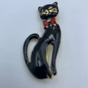 Spilla Gatto Vintage Firmata Giovanni Fiocco Rosso Nero 2x1"" Baffi Oro Strass - Foto 1 di 4