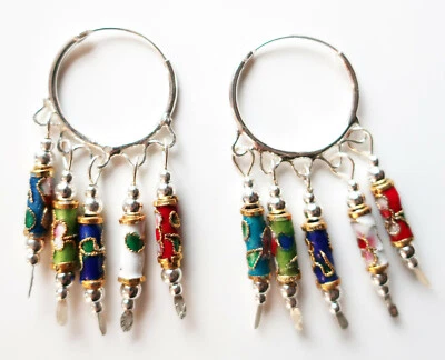 Argento Sterling Cerchio Orecchini 2 CM Diametro Con 5 Cloisonné Smalto Ciondoli - Immagine 1 di 4