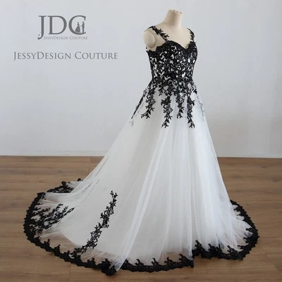 Classic White Black Lace Soft Tulle Wedding Dress Bridal Gown Straps Flowy 2-28W - Image 1 of 4