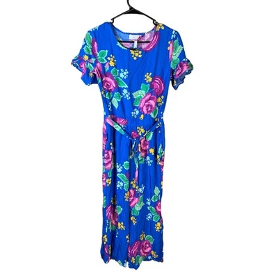 Matilda Jane 435 Blue Floral Print Short Sleeve Tie Waist Jumpsuit Size 16 - Image 1 of 4