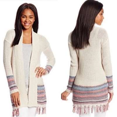 Roxy LARGE Near Future Knit Fringe Open Cardigan Sweater Bohemian Fall Cream - Image 1 of 4