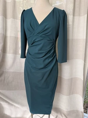 ANTONIO MELANI Sheath Faux Wrap Dress Sz 8 Teal Stretch 1/2 Sleeve V-Neck Lined - Image 1 of 4