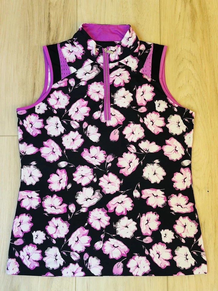 Женский черный с розовым цветочным рисунком топ для активного отдыха - Изображение 1 из 2