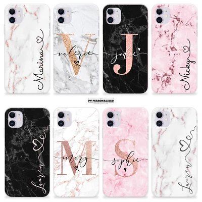 Personalised Marble Case Initials Name Hard Cover For Apple iPhone 12 Xs 11 Se - Image 1 of 4
