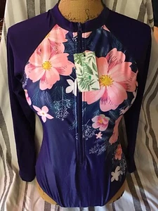 Runtlly Women One Piece Navy Blue Rash Guard Swimsuit Zipper Surfing UPF 50 Sz L - Picture 1 of 11