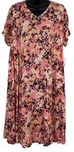 Woman Within Womens Plus 20W 20 Pink Floral Short Sleeve V-Neck A-Line Dress New - Picture 1 of 10