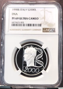 1998 ITALY SILVER 2000 LIRE S2000L DNA NGC PF 69 ULTRA CAMEO LOW MINTAGE - Picture 1 of 3