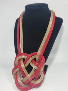 MIKA Gold & Red Tone Mesh Knot Necklace Signed MIKA 20" w/3" Adjuster Statement - Picture 1 of 5