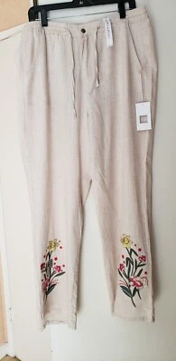 NEW STYLE ME BEACH LINED EMBROIDERED PANTS SZ LARGE - Image 1 of 4