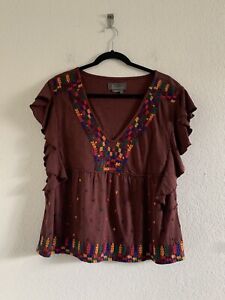 By Anthropologie Embroidered Ruffle-Sleeve Peplum V-Neck Top Size XS Bohemian