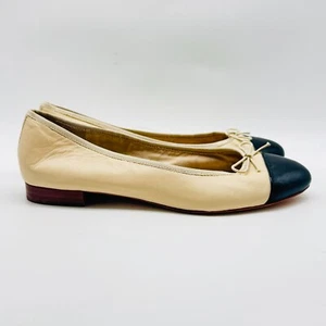 Sam Edelman Womens 7.5 Cream Black Leather Ballet Flats Felicia Cap Toe Bow Shoe - Picture 1 of 11